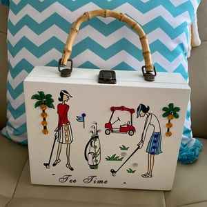 Vintage Novelty Women's Boxy Golf Purse-Bamboo Handle-Hinged-Stones 8" x 9 1/2"